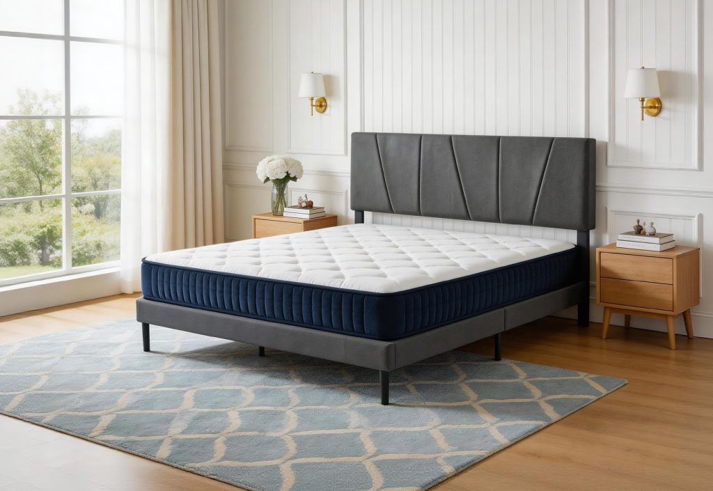 Bed Frame with Mattress – Grey Headboard