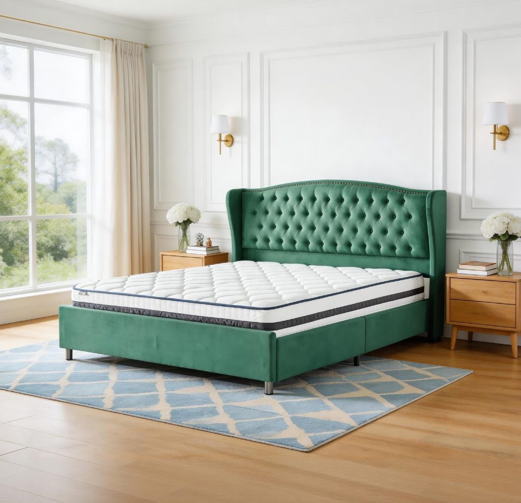 Bed Frame with Mattress – Green Velvet Headboard