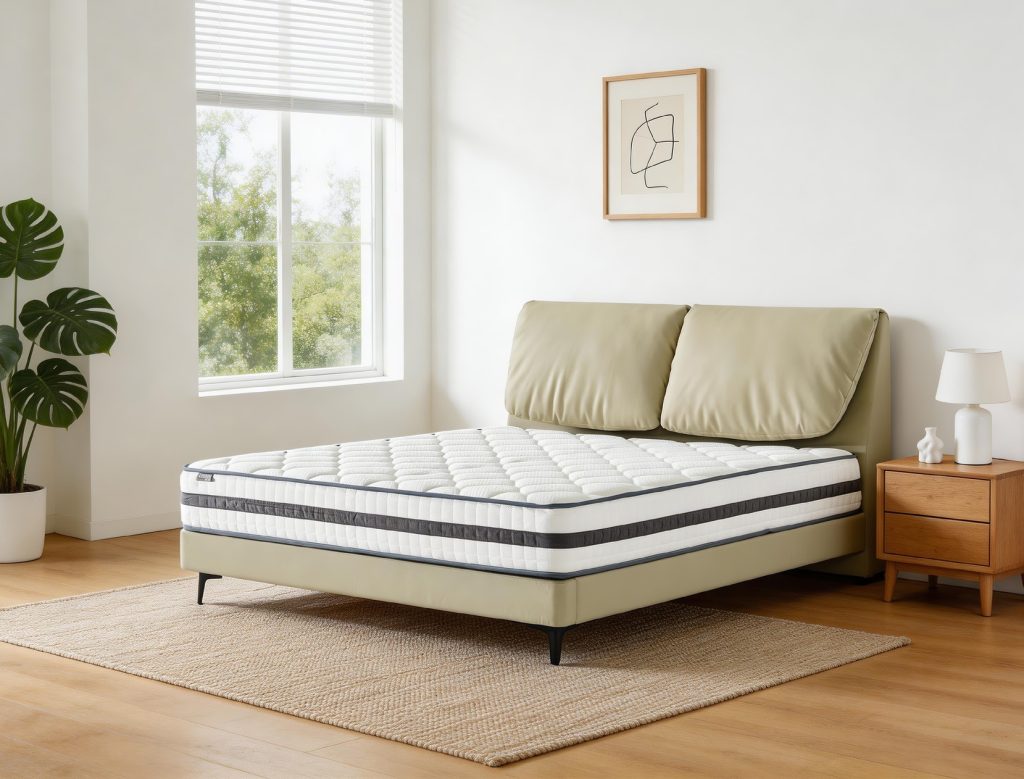 Bed Frame with Mattress – Linen Pillows