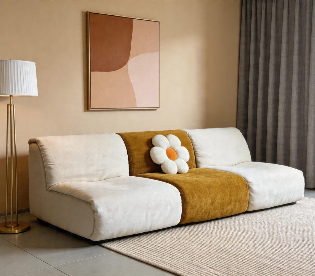 Compression Sofa – Beige with Mustard Cushion