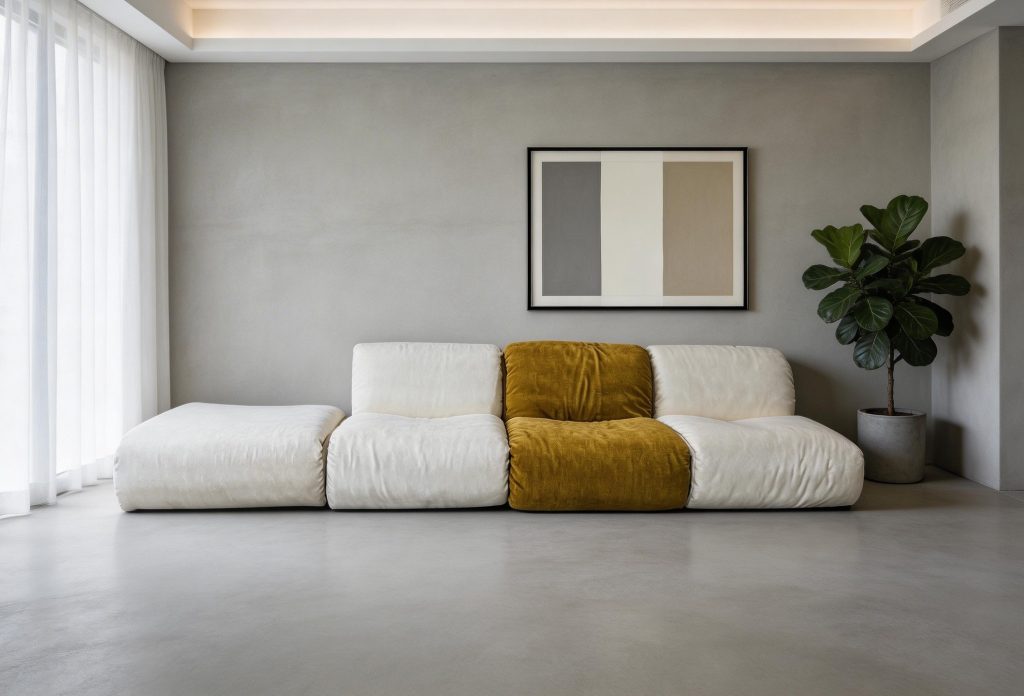 Compression Sofa – Beige Corner with Mustard Cushion