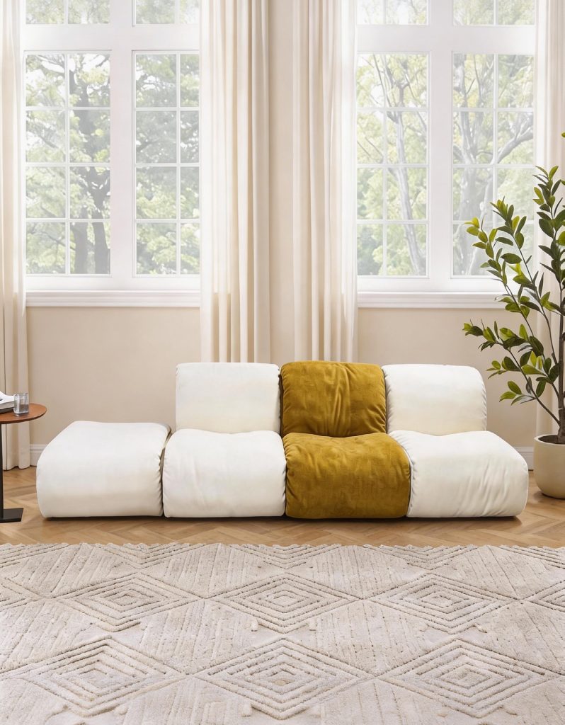 Compression Sofa – Beige 3-Seater with Mustard Cushion