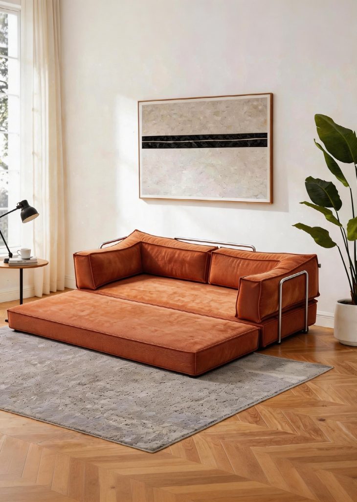 Compression Sofa – Tan Velvet Modular Chaise