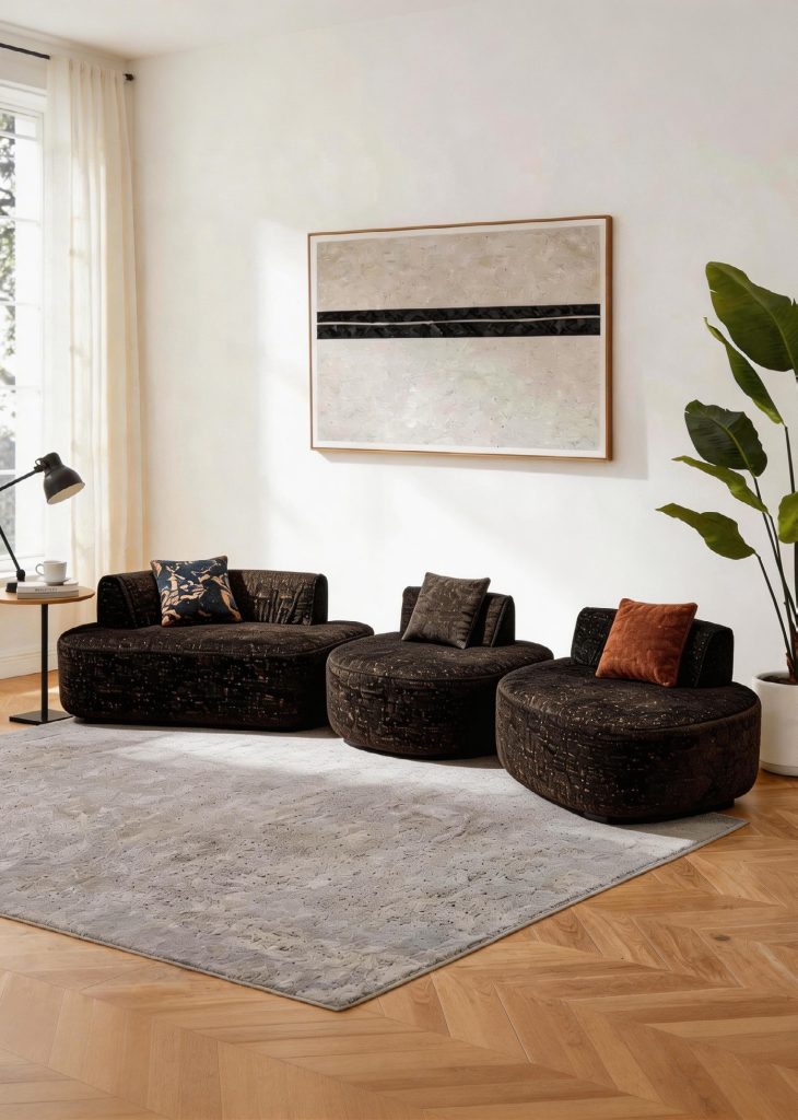 Compression Sofa – Black Leather Set with Ottoman