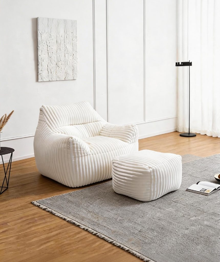 Compression Sofa – White Boucle Armchair with Ottoman