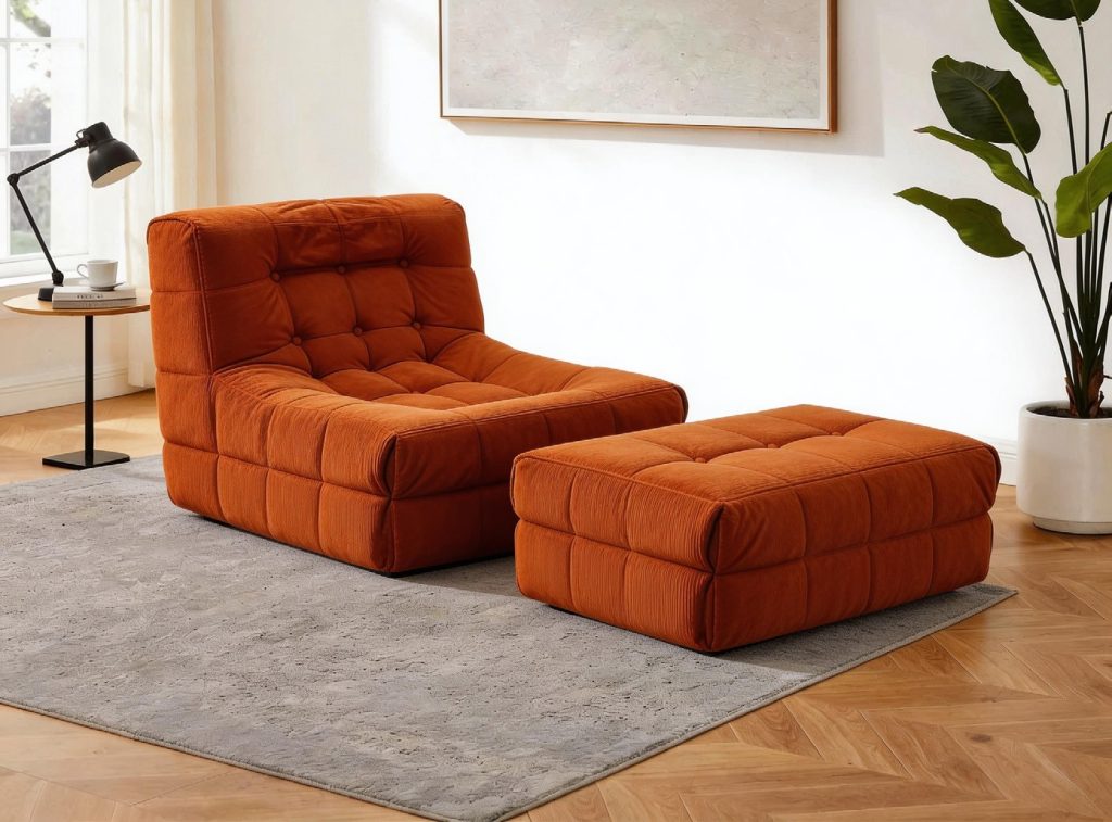 Compression Sofa – Orange Corduroy Armchair with Ottoman