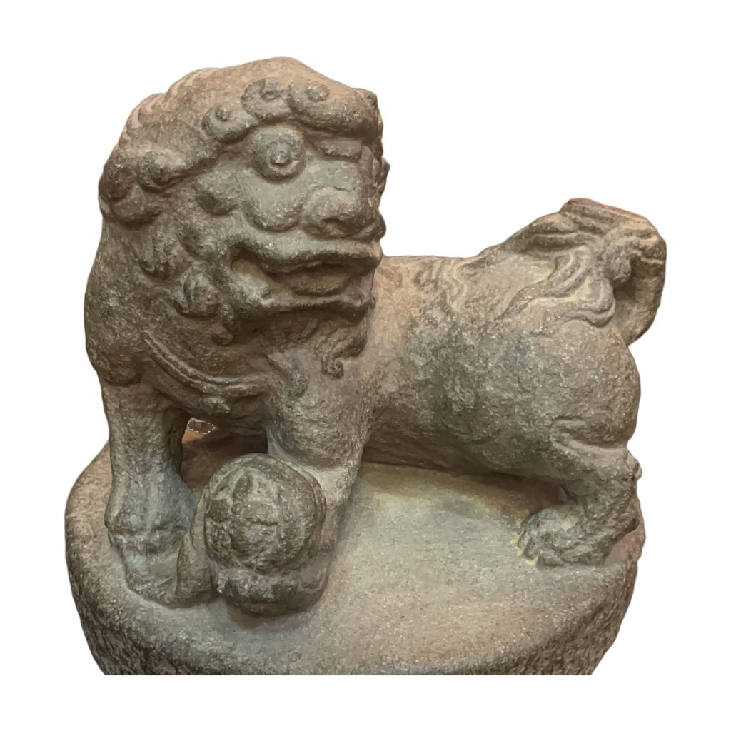 Carved Stone Guardian Lion with Ball on Round Base