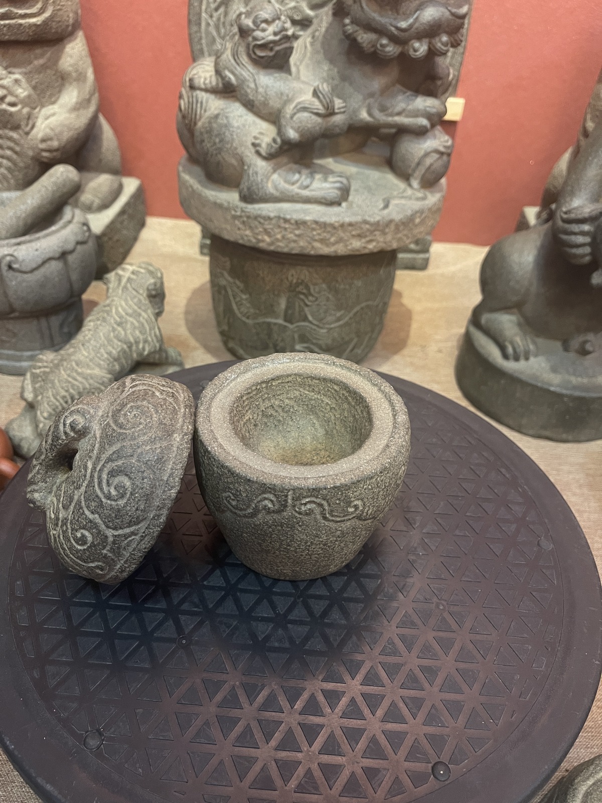 Carved Stone Lidded Jar with Cloud Scrolls