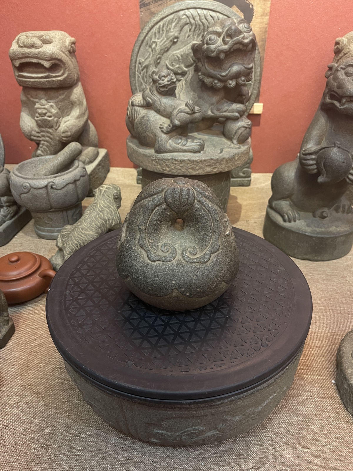 Carved Stone Lidded Jar with Cloud Scrolls