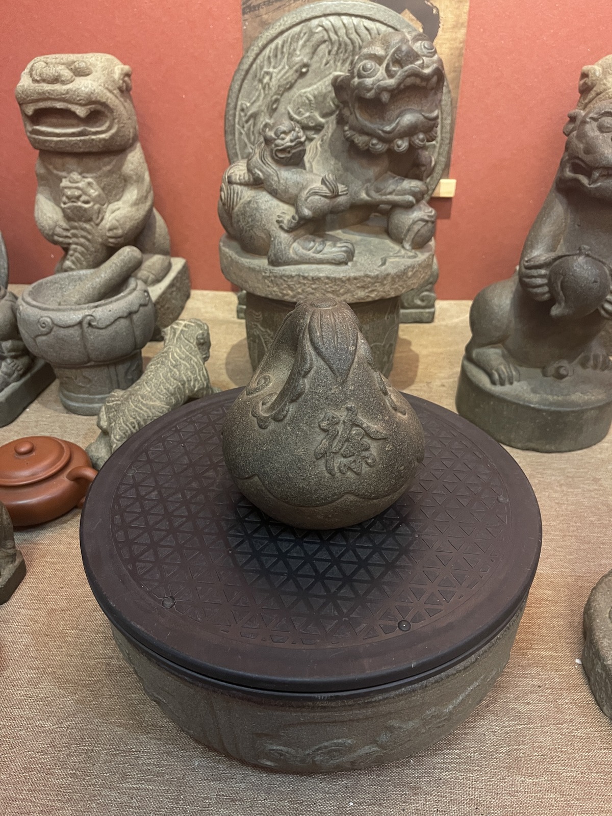 Carved Stone Lidded Jar with Cloud Scrolls