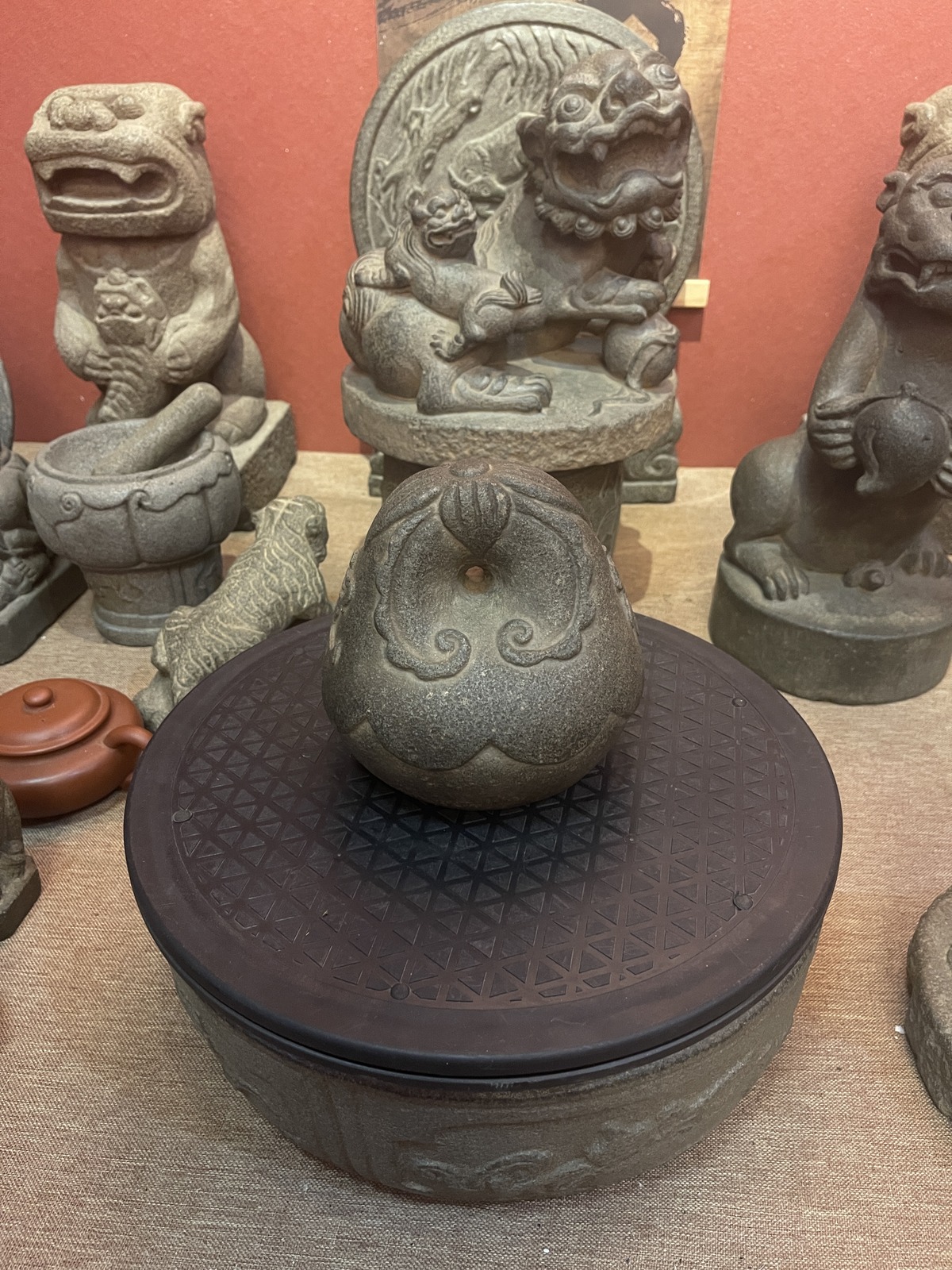 Carved Stone Lidded Jar with Cloud Scrolls