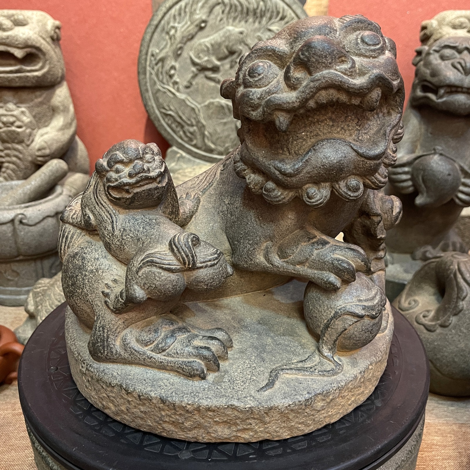 Carved Stone Lioness with Cub