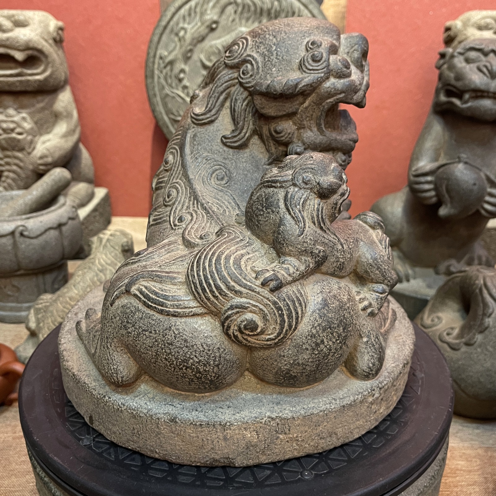 Carved Stone Lioness with Cub