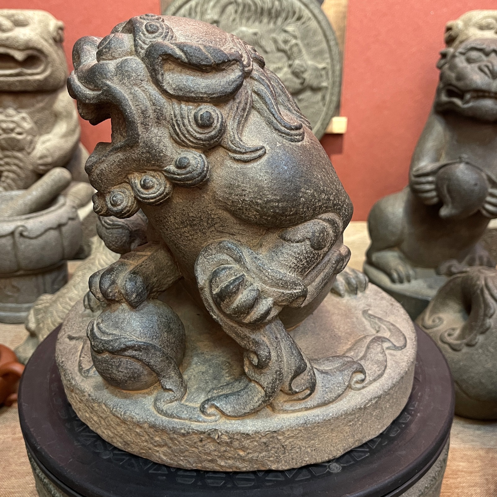 Carved Stone Lioness with Cub