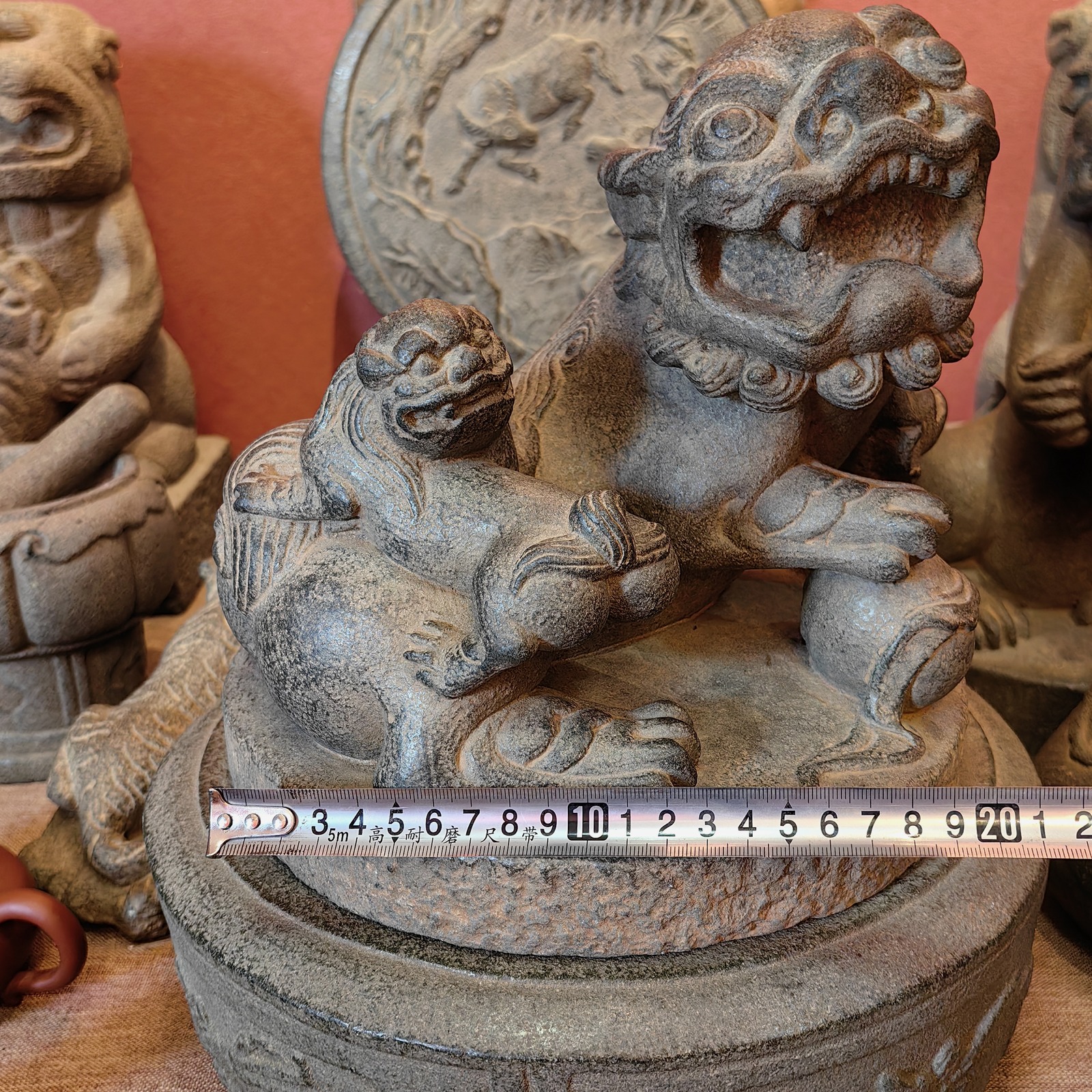 Carved Stone Lioness with Cub