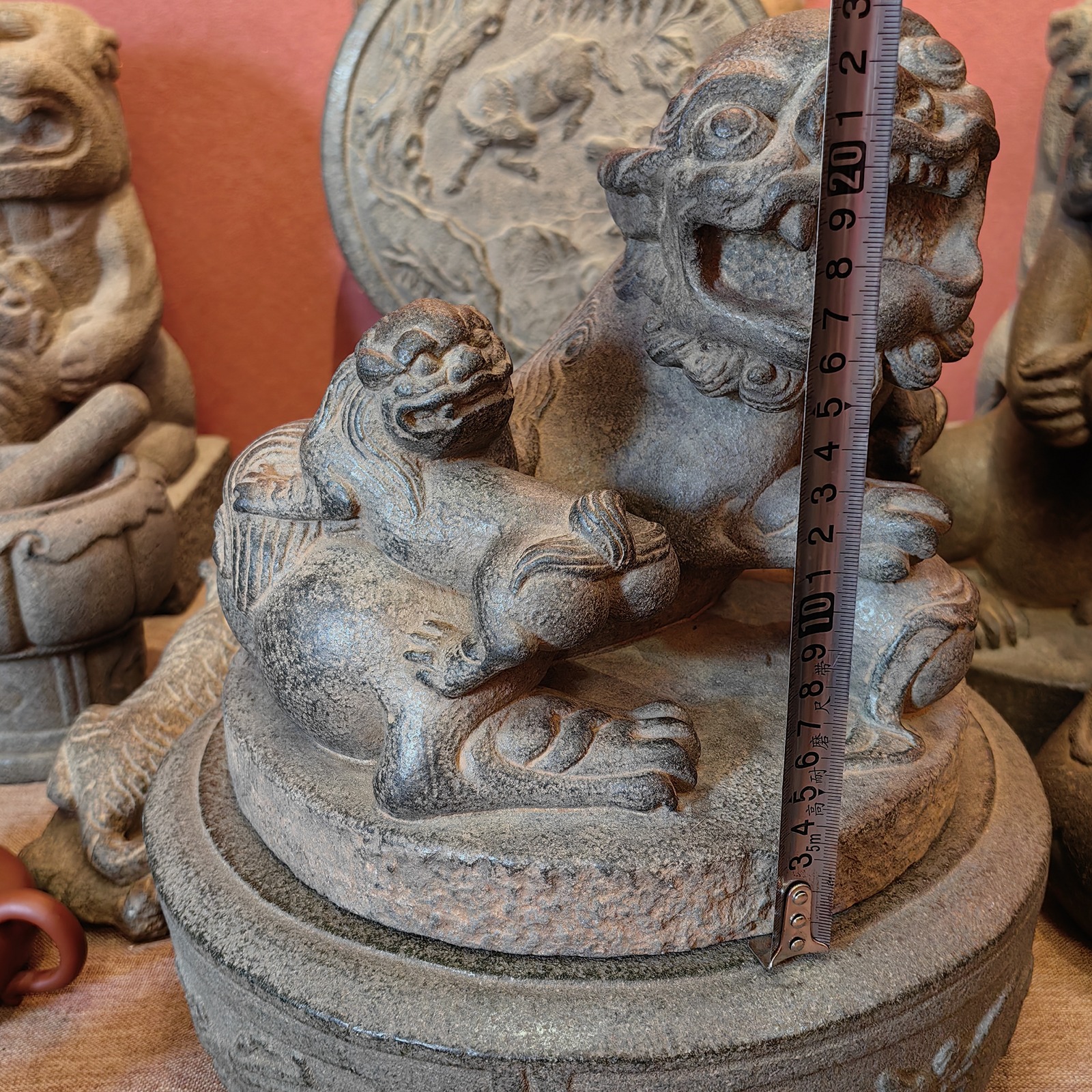 Carved Stone Lioness with Cub