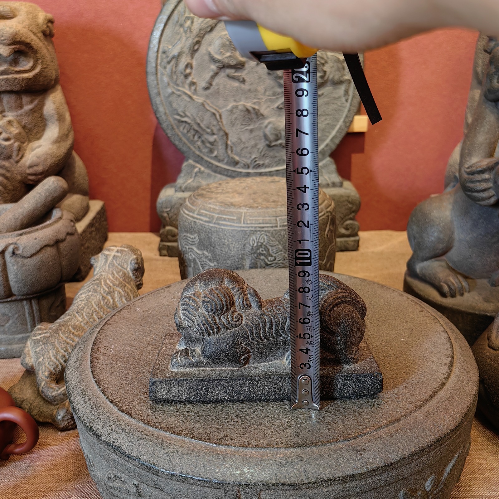 Carved Stone Reclining Lion on Rectangular Base