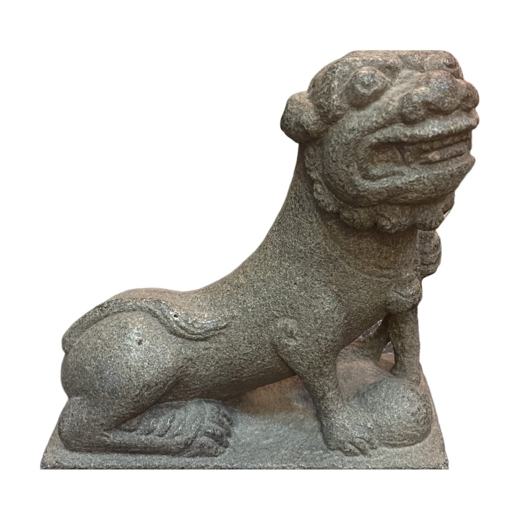Carved Stone Standing Guardian Lion on Slab Base