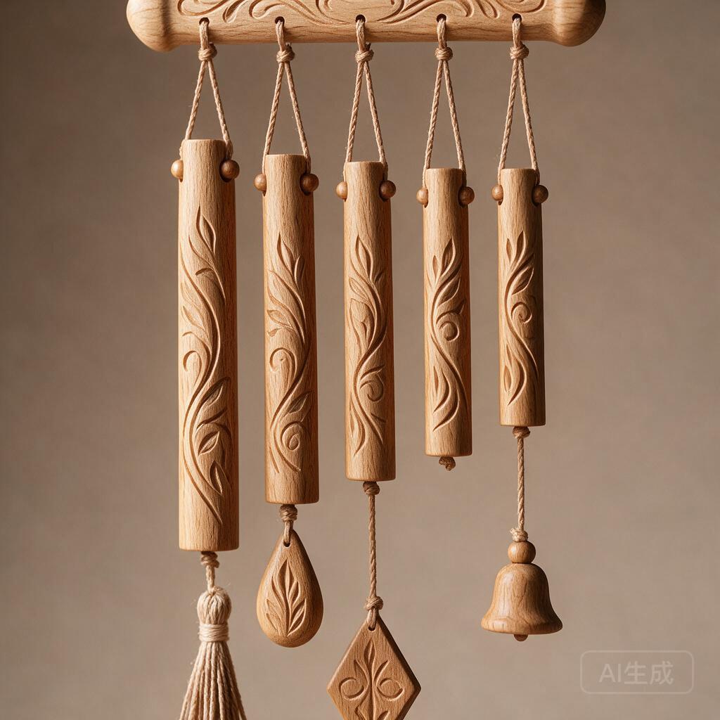 Carved Wood Wind Chime Hanging - Image 2