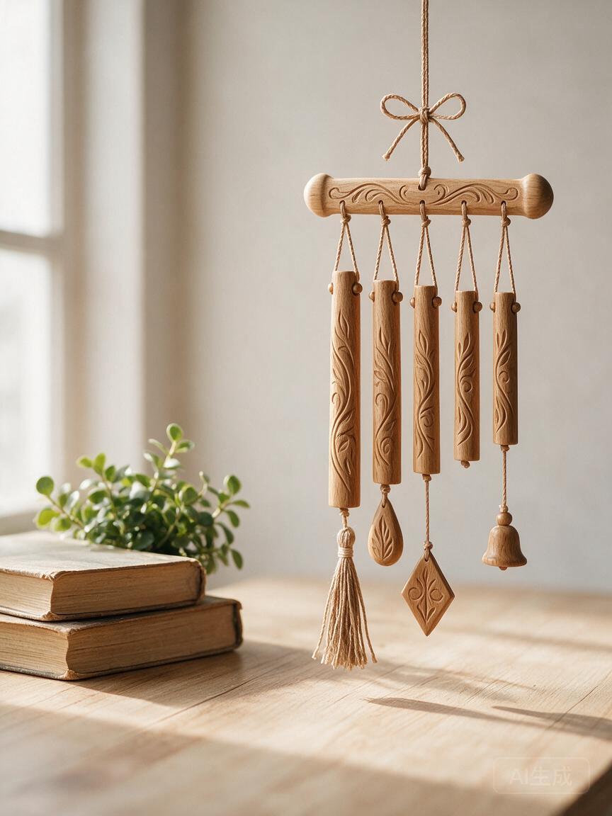 Carved Wood Wind Chime Hanging - Image 3