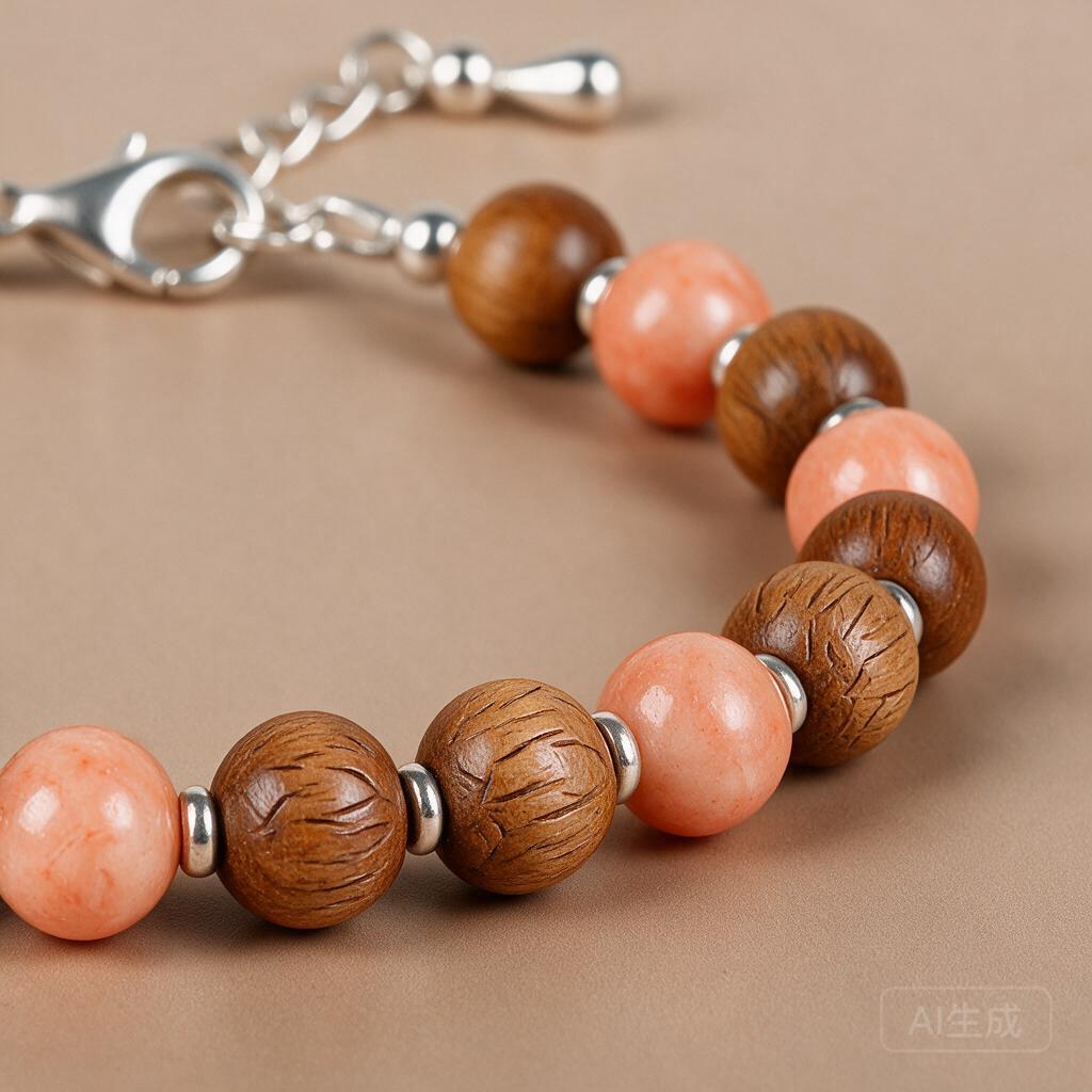 Coral & Wood Bead Bracelet - Image 2