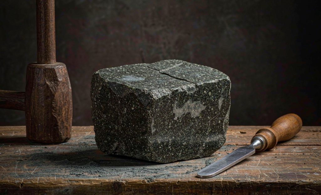 A block of dark green speckled stone on a workshop bench beside a chisel and mallet (illustration)