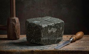 A block of dark green speckled stone on a workshop bench beside a chisel and mallet (illustration)