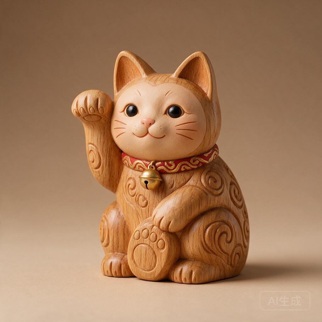 Wooden Lucky Cat Figurine