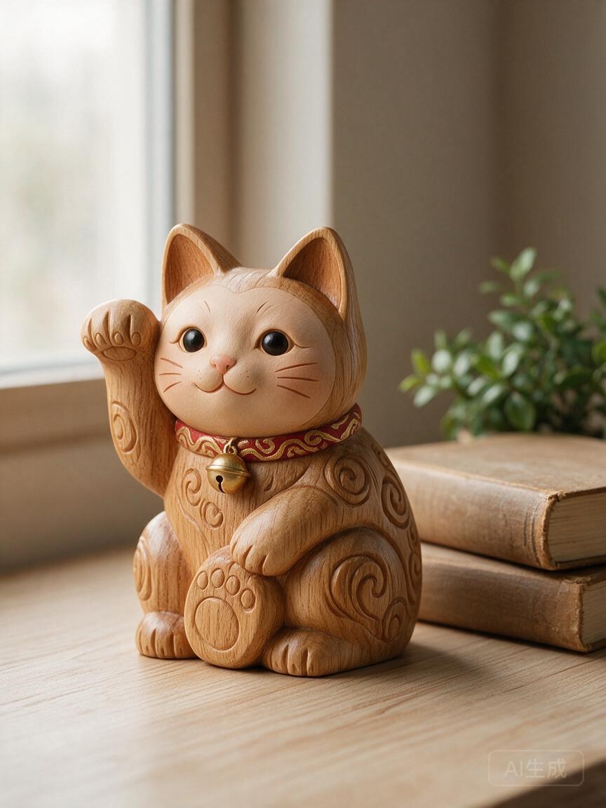 Wooden Lucky Cat Figurine - Image 3